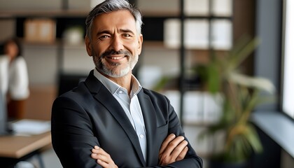 Confident mid-aged businessman smiling in office, showcasing professionalism and warmth in close-up portrait.