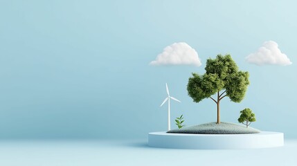Wall Mural - A serene landscape featuring a tree, wind turbine, and clouds, symbolizing sustainability and eco-friendliness on a minimalist blue backdrop.