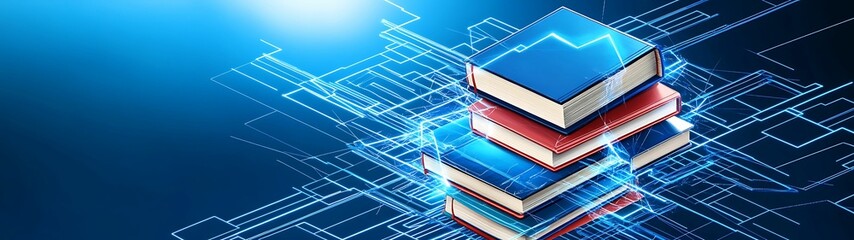 A digital illustration of stacked books with a blue technological background, symbolizing education and the integration of technology.