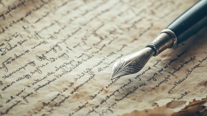 Close-up of vintage fountain pen on old handwritten document