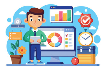 Poster - A cartoon character stands in front of a computer, analyzing graphs and metrics with various tools around, Customizable cartoon illustration with metrics