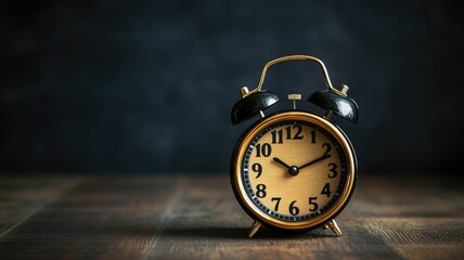 Vintage alarm clock with black bells on dark wooden table