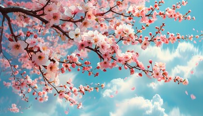 Dreamy springtime landscape with blossoming pink cherry blossoms and vibrant flowers under a colorful sky adorned with clouds and artistic branches