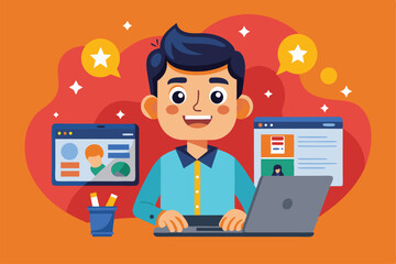 Poster - A young man is happily working at his laptop surrounded by colorful screens and creative tools, Customizable cartoon illustrations available online.