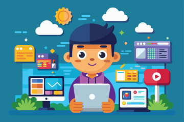 Poster - a cheerful individual engages with a tablet, immersed in a vibrant digital workspace filled with ico