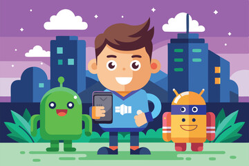 Poster - A young boy holds a mobile device, standing with two vibrant cartoon characters in an urban setting at twilight, Customizable cartoon illustrations for Android.