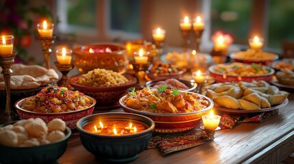 Wall Mural - Diwali Indian Diwali feast table, Indian dishes with candles, 3D illustration