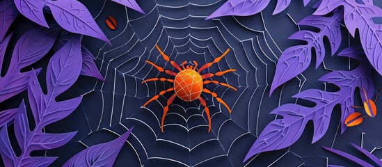 Wall Mural - spooky and mysterious purple spider web with vibrant autumn leaves in a dark haunting digital eerie 
