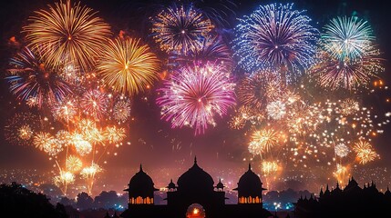 Diwali Indian Fireworks Display A vibrant night sky filled with an explosion of colorful fireworks