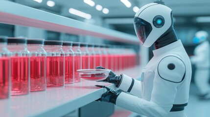 Wall Mural - robot scientist working in a laboratory with red liquid in glass bottles