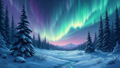 Auroras Light Up the Sky Above a Snowy Forest Under Stars