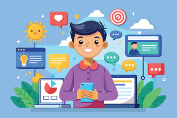Poster - A cheerful young man holds a smartphone while surrounded by various tech and social media elements, Customizable cartoon illustrations for social ideas.