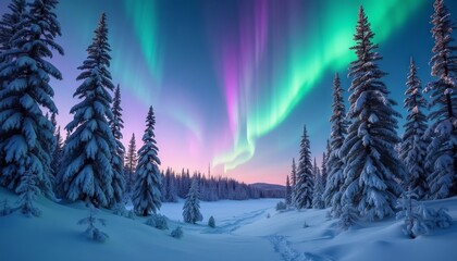 Snowy Forest Glows Under Starry Sky with Vibrant Auroras