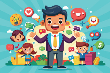 Poster - A cheerful character engages with children while surrounded by colorful speech bubbles and ideas, Customizable cartoon illustrations spread by word of mouth.