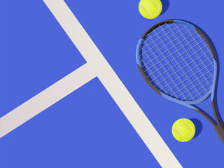 Tennis racket and balls on court 3D illustration in realistic cartoon style for banner. Tennis classes or tournament concept. Sport equipment for athletes, play tennis concept, banner, advertising