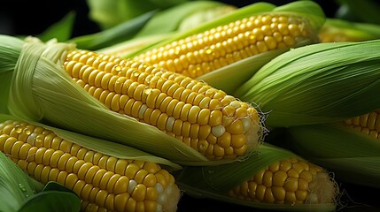 Close-up of fresh corn on the cob with husks, showcasing its vibrant yellow kernels.