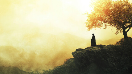 Silhouette stands on cliff with misty, golden sky