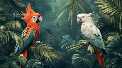 Two Parrots Perched Among Lush Tropical Foliage