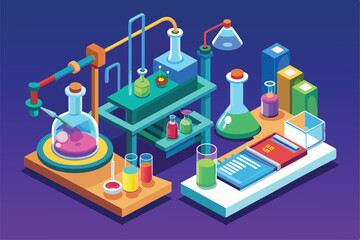 Poster - This artwork displays a vibrant isometric chemistry lab complete with colorful beakers and test tubes, Customizable chemistry lab illustration in isometric style.