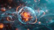 © dea - A digital illustration of an atom with electrons orbiting around a glowing nucleus.