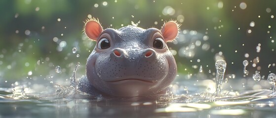 An adorable hippo emerges from the water, surrounded by splashes in a tranquil natural setting. Captivating wildlife moment.