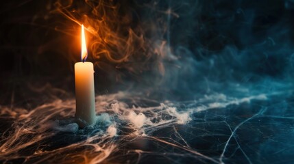 Mysterious setting with a single white candle burning amidst smoke and spiderwebs on a dark background, enhancing a Halloween ambiance. Halloween, spooky, haunted concept.