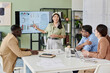 © pressmaster - Businesswoman presenting data on screen to diverse colleagues in modern office environment. Engaging in discussion while using presentation tools and charts