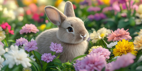 Cute bunny surrounded by colorful flowers