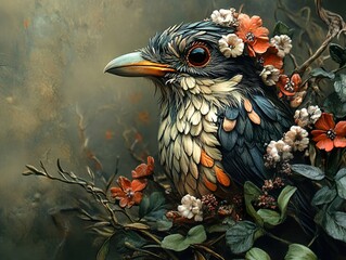 Poster - A Bird Adorned with Flowers: A Digital Painting