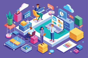 Poster - A graphic depicting professionals using customizable CRM tools in an engaging and modern work environment, Customizable CRM Isometric Illustration for Customers
