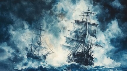 Dramatic depiction of two ships battling fierce waves, showcasing the power of nature and maritime adventure.