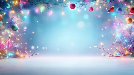 Poster - Cheerful holiday background with colorful lights and holiday motifs, no background.