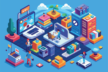Poster - The illustration shows a vibrant digital landscape with people using various tech devices in diverse activities, Customizable digital lifestyle illustration in isometric style.
