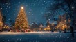© Jiraporn - A serene winter night scene featuring a beautifully lit Christmas tree and snow falling gently on a charming village.