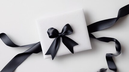 Elegant White Gift Box with Black Ribbon on White Background - Perfect for Celebrations and Special Occasions