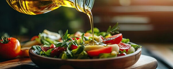 Wall Mural - Fresh salad with vibrant vegetables, drizzled with golden olive oil, perfect for healthy eating and culinary presentation.