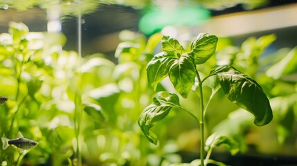 Wall Mural - A close-up of basil plants thriving in an aquaponics setup, with fish swimming below in crystal-clear water