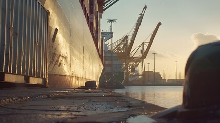 Large cargo ship docked at empty port with stacked containers and idle cranes, symbolizing port strike and industrial tension