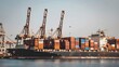 © F - Large cargo ship docked at empty port with stacked containers and idle cranes, symbolizing port strike and industrial tension