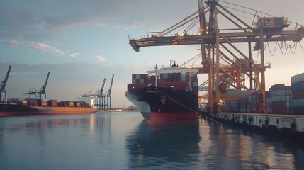 Large cargo ship docked at empty port with stacked containers and idle cranes, symbolizing port strike and industrial tension