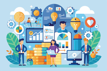 Poster - a flat design illustrates professionals developing business strategies with charts, technology, and 