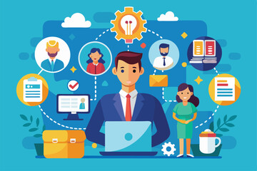 Poster - a flat illustration shows a person working on a laptop with various tools and team members aiding bu