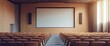 © pentolo - Empty auditorium with brown seats, a large projection screen, wooden walls and a window with natural light.