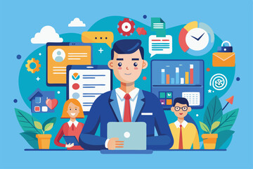 Poster - three consultants are engaged in activities while utilizing digital tools in a vibrant office settin
