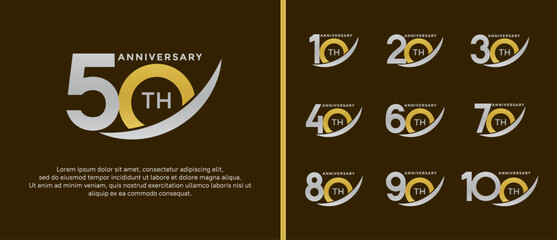 set of anniversary logo flat gold and silver color on brown background for celebration moment