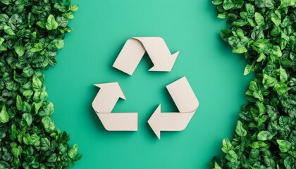 Recycling symbol made of paper on a green background with green leaves.