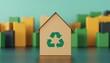 © javu - Eco-friendly house model with recycling symbol on colorful background.