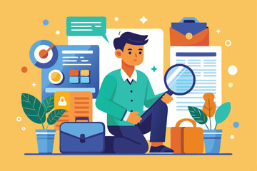 Poster - a man inspects graphs and reports using a magnifying glass while surrounded by office supplies and p