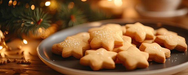 Delicious star-shaped cookies on a plate, perfect for festive celebrations and holiday gatherings with a warm, cozy ambiance.