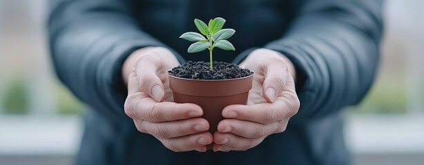 Two hands holding a small plant in a softly lit room with floor-to-ceiling windows overlooking a peaceful garden, minimalistic, realistic, extreme close-up.